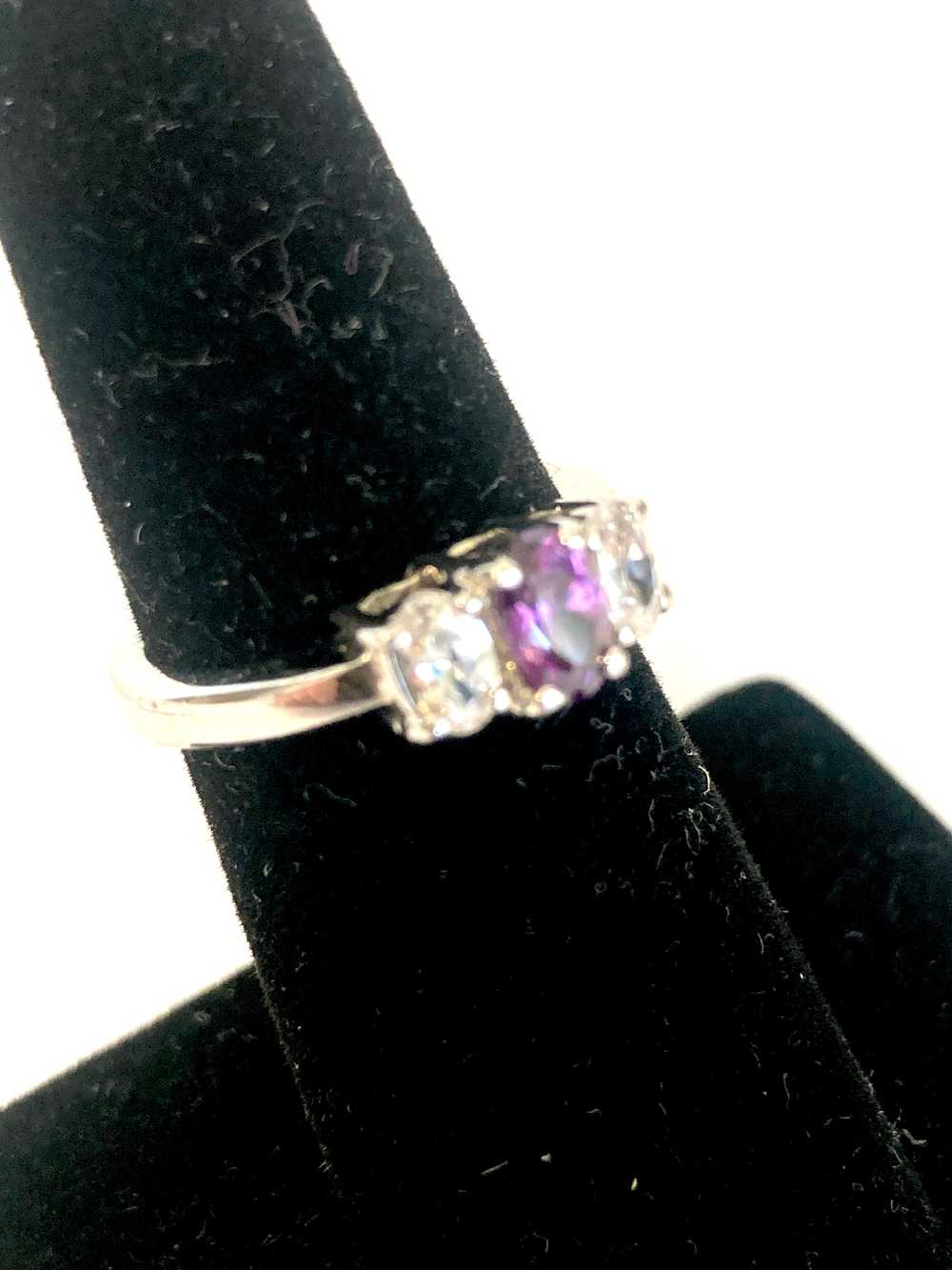 Three Stone Amethyst and Cubic Zirconia Ring - image 5