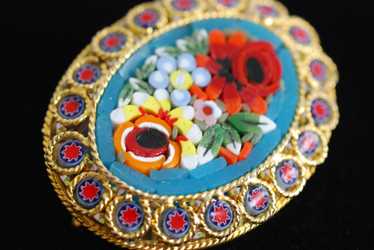 Oval Micro Mosaic Floral Brooch - image 1