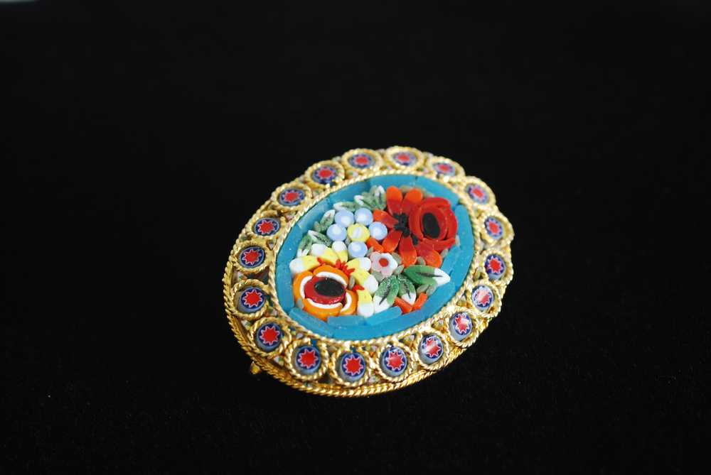 Oval Micro Mosaic Floral Brooch - image 2