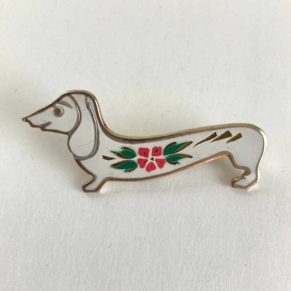 Enamel Dachshund Brooch, White w/ Pink and Green … - image 1