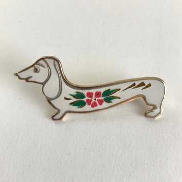 Enamel Dachshund Brooch, White w/ Pink and Green … - image 1