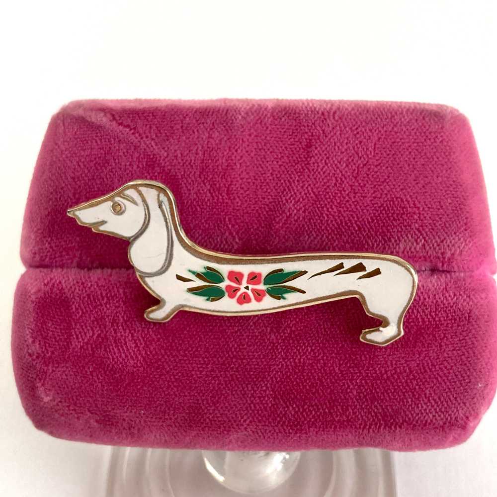 Enamel Dachshund Brooch, White w/ Pink and Green … - image 2