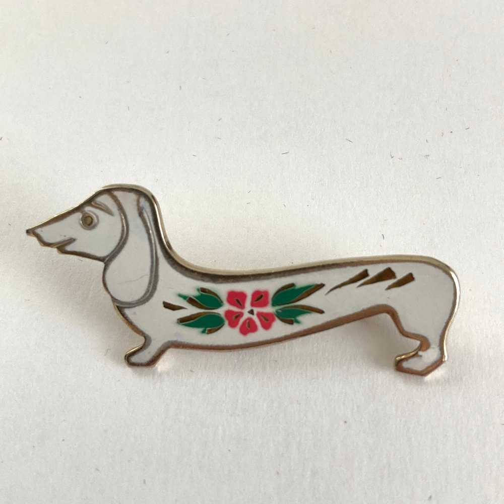 Enamel Dachshund Brooch, White w/ Pink and Green … - image 3