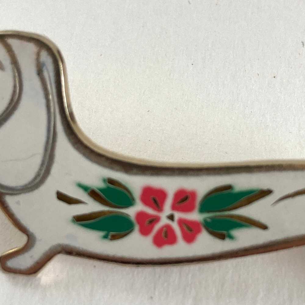 Enamel Dachshund Brooch, White w/ Pink and Green … - image 4