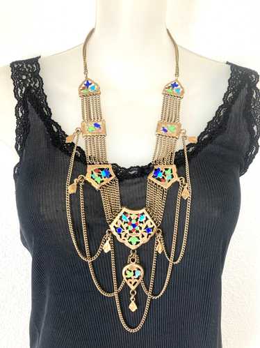 Egyptian Revival Brass Enamel Festoon Necklace