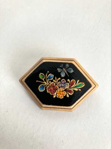 Hand Painted Floral Wood Brooch w/ Butterfly