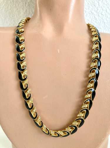 Black Enamel & Rhinestone Gold-tone Link Necklace