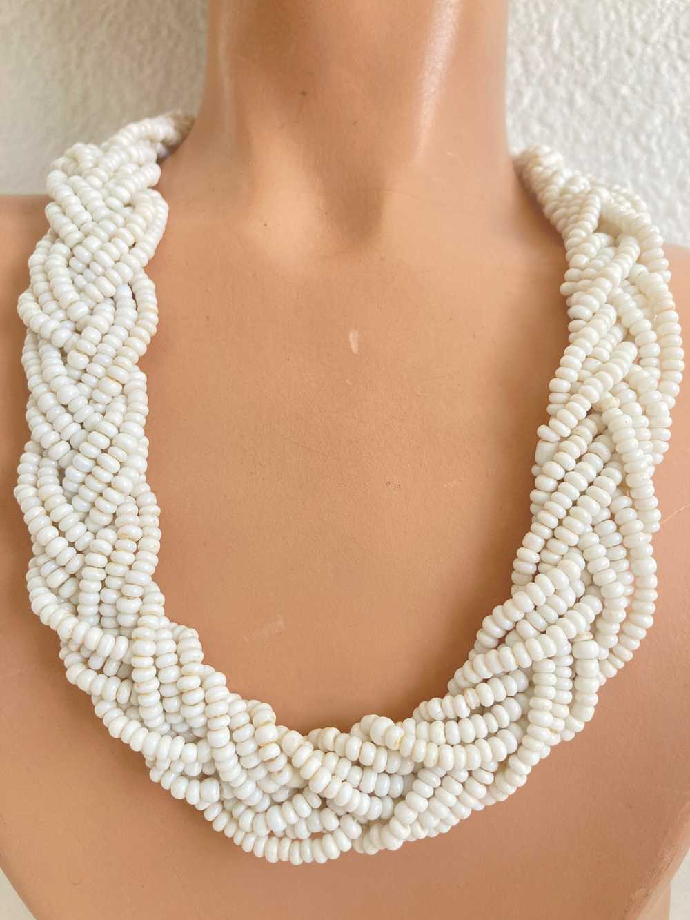 Braided White Glass Beaded Necklace Vintage Seed … - image 2