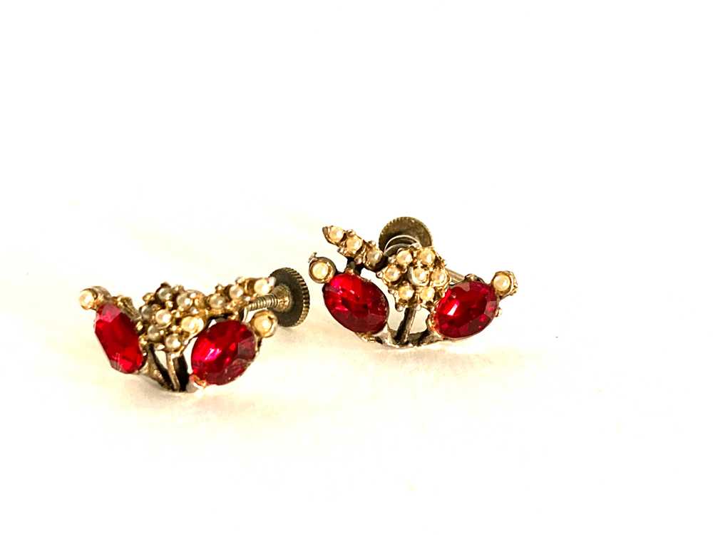 Antique Seed Pearl and Ruby Glass Screw Back Earr… - image 1