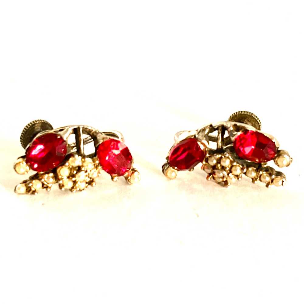 Antique Seed Pearl and Ruby Glass Screw Back Earr… - image 2