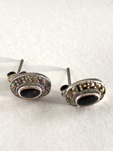 Tiny Sterling Onyx and Marcasite Earrings