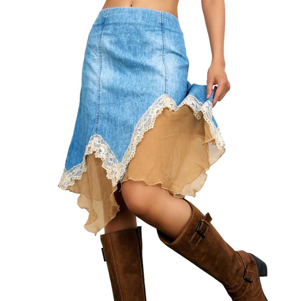 Bebe Lacy Denim Boho Midi Skirt (M) - image 2