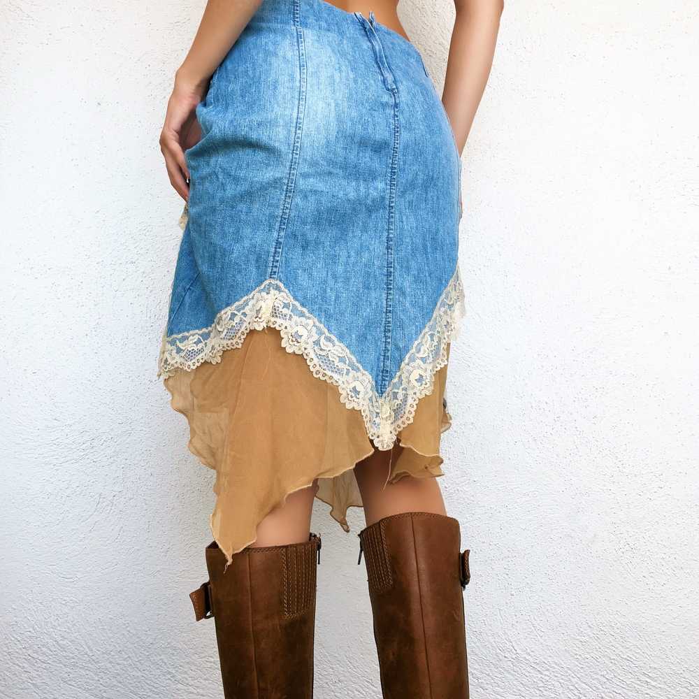 Bebe Lacy Denim Boho Midi Skirt (M) - image 3