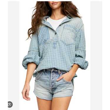 Free People Denim Glacier Bay Checked Embroidered… - image 1