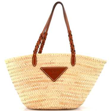 PRADA Basket Tote Woven Raffia with Leather Medium