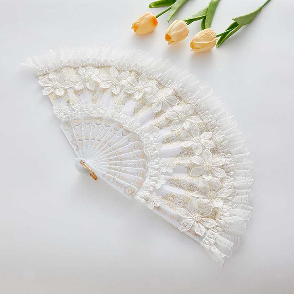 Lace Folding Handheld Fan Foldable White Lace Fan… - image 1