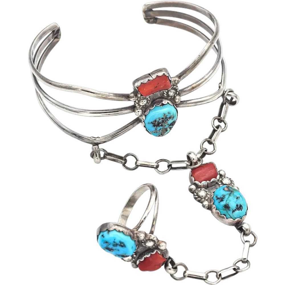 Vintage Sterling Silver Turquoise & Red Coral Sou… - image 1