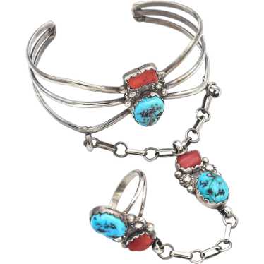 Vintage Sterling Silver Turquoise & Red Coral Sou… - image 1