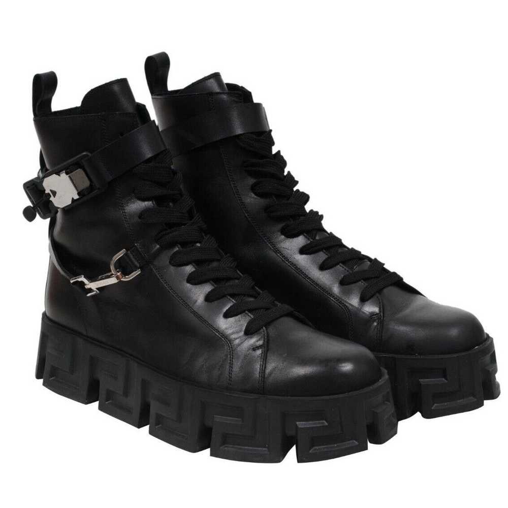 Versace Greca Labryinth Black Leather Chunky Boots - image 10