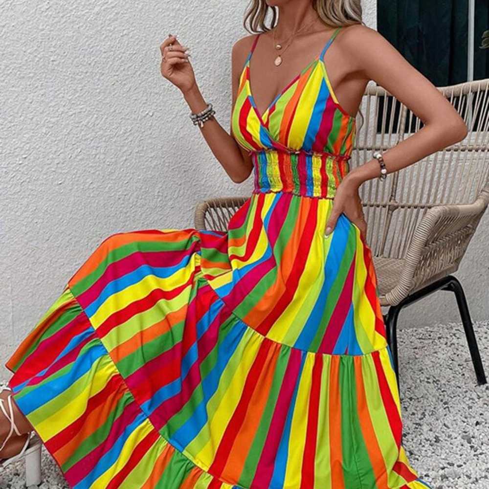 Rainbow Striped Maxi Dress NEW Casual Vacation Pr… - image 3