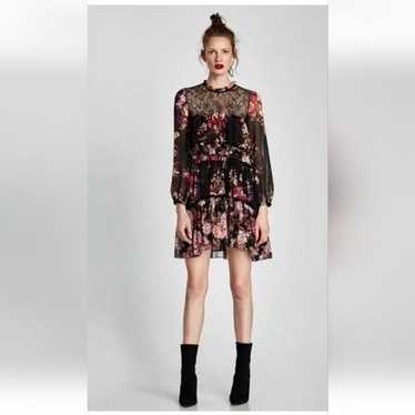 Zara Woman Black Floral Ruffled Dress Size XS