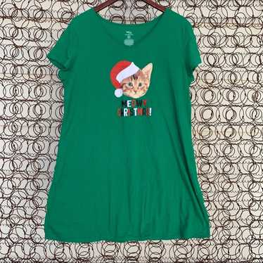 Vintage Meowy Christmas green cat sleep shirt