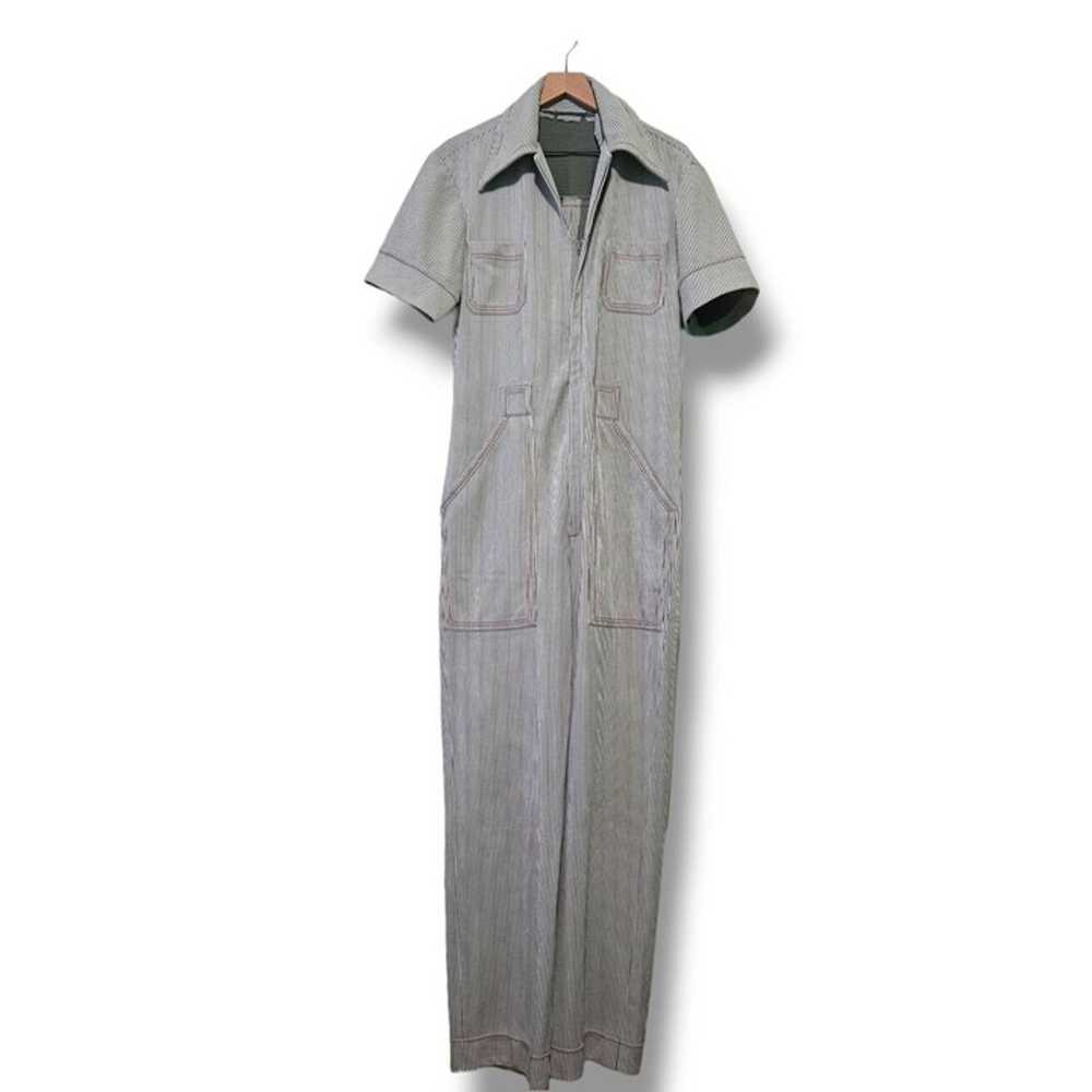 Handmade coverall jumpsuit grey stripe with red s… - image 1