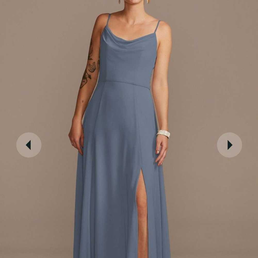 Steel blue cowl neck chiffon dress with slit (siz… - image 1