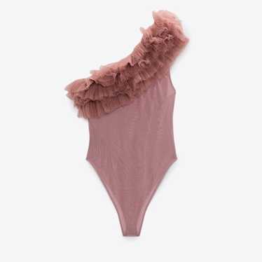 Zara Beige Pink One Shoulder Ruffled Tulle Bodysui
