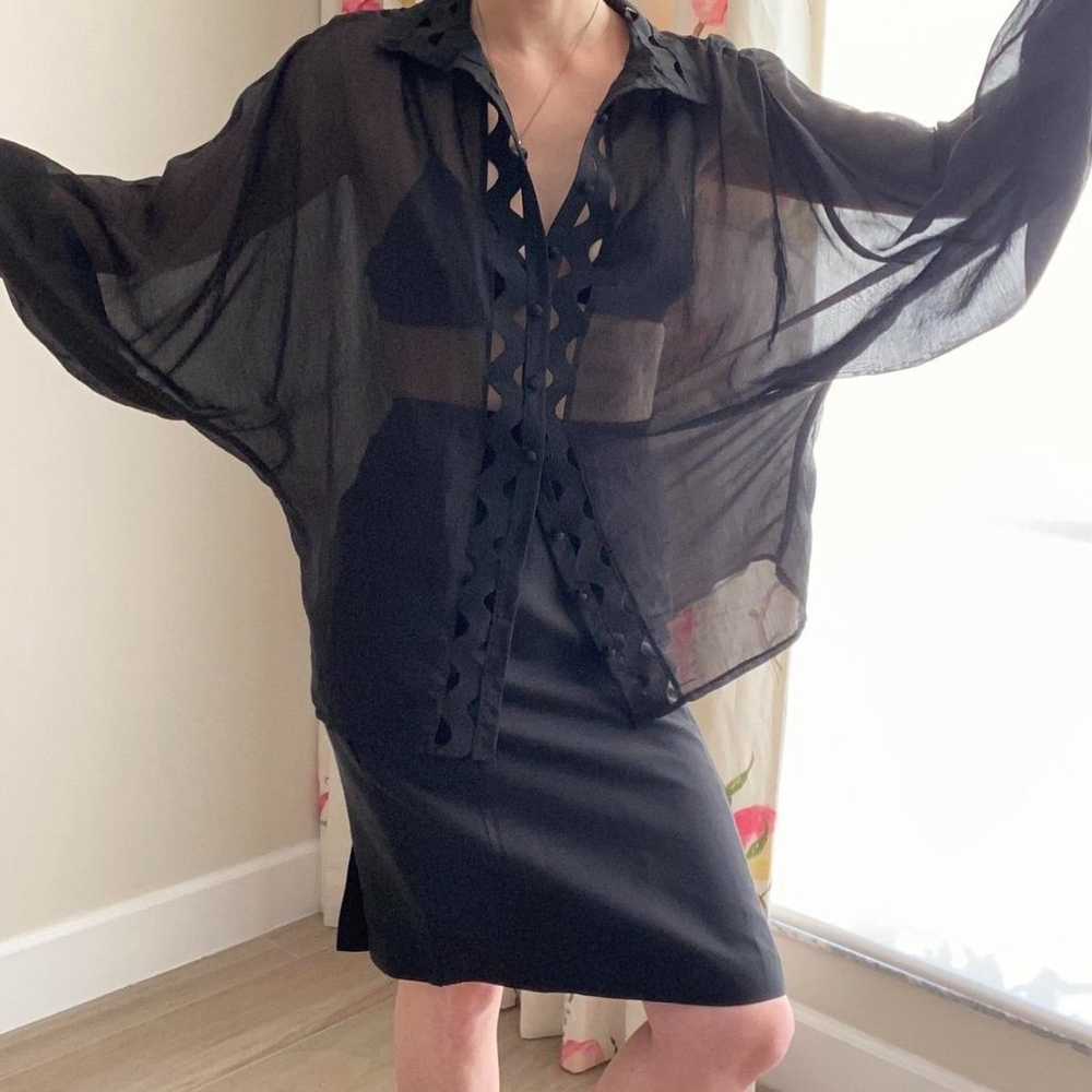 Sheer Black Long Sleeve Collar Chiffon Blouse Shi… - image 2