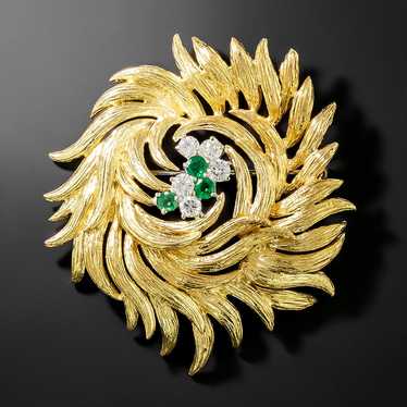 Mid-Century Emerald and Diamond Spiral Brooch