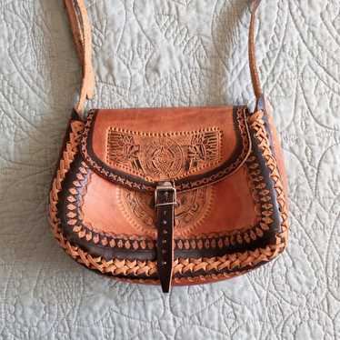Vintage Brown Leather Tooled Purse Mexico Crossbod
