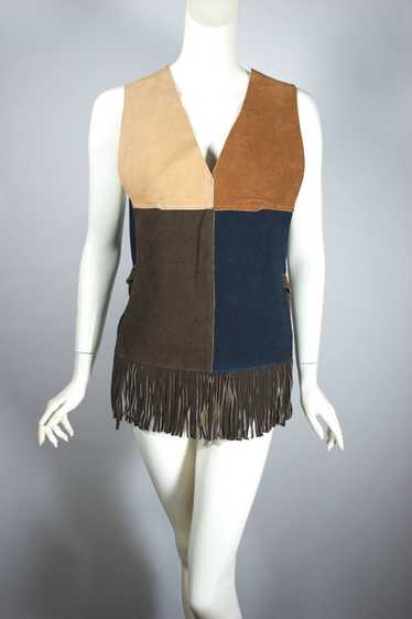Color-block suede leather patchwork fringe 1960s v