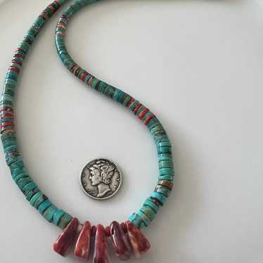 Navajo Sterling, Turquoise and Spiny Oyster Neckla