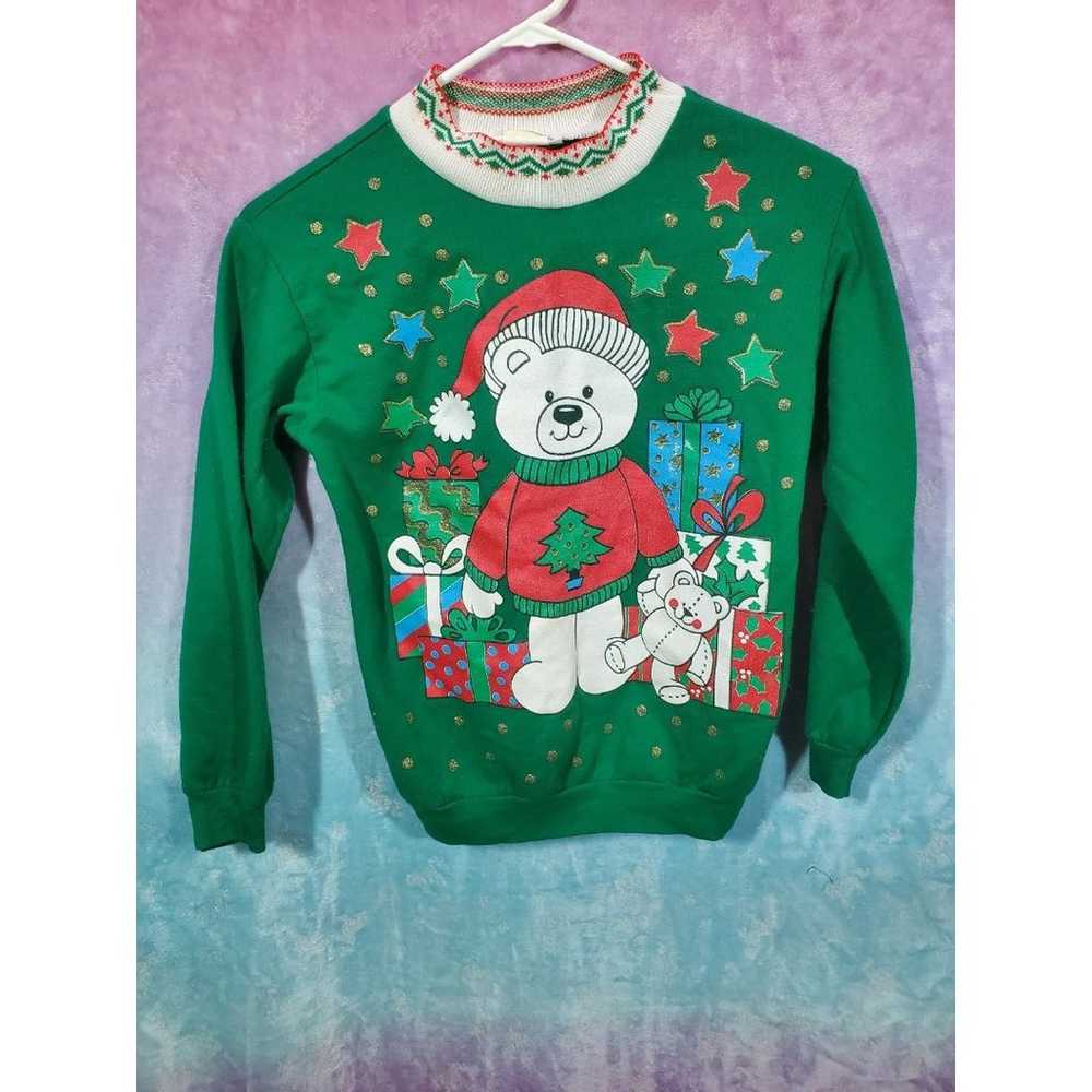 Christmas Bear Stepping Stones Vtg Sweater Glitte… - image 1