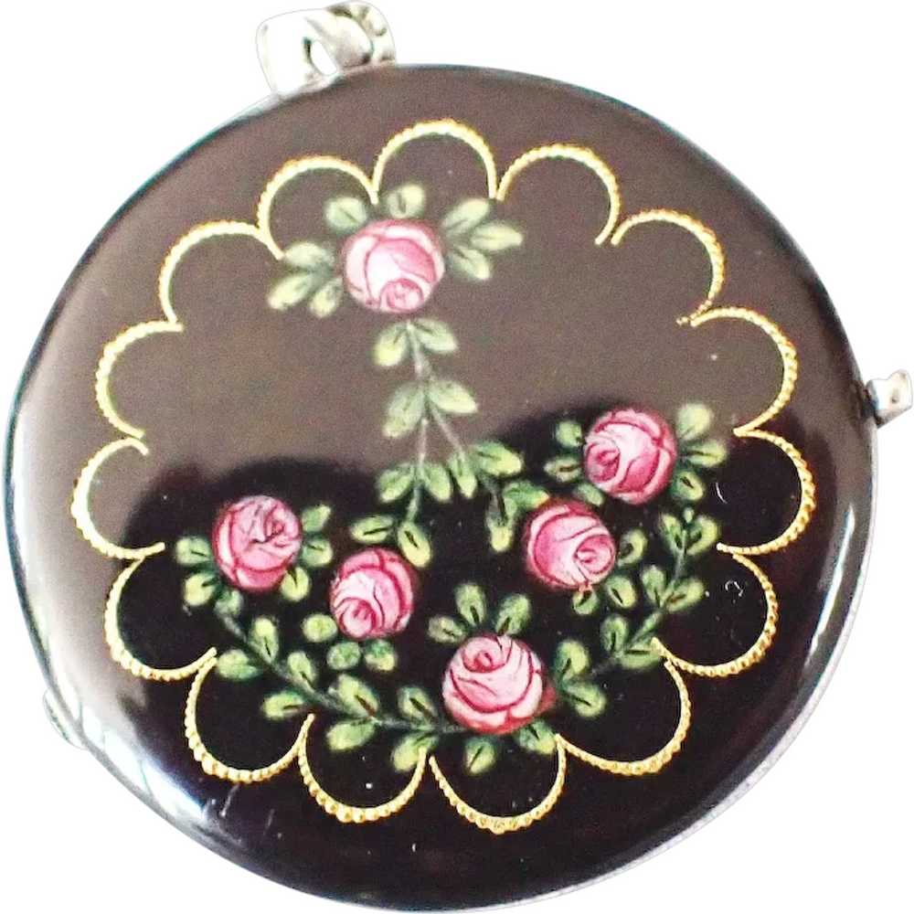 Antique Rose Enamel Circle Locket, Silver - image 1