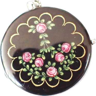 Antique Rose Enamel Circle Locket, Silver - image 1