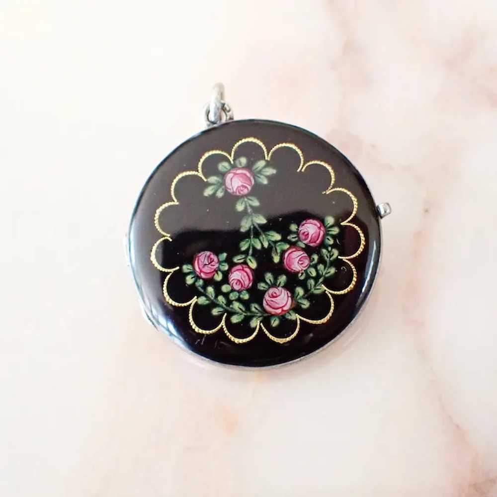 Antique Rose Enamel Circle Locket, Silver - image 4