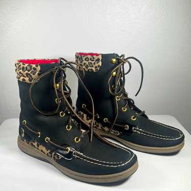 Sperry Topsider Boots Leopard Black Leather Sz. 8.