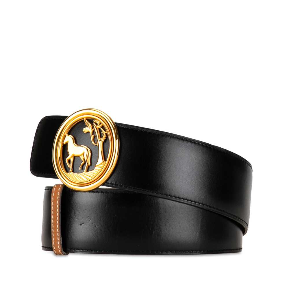 Black Hermès Horse Tree Emblem Leather Belt - image 2