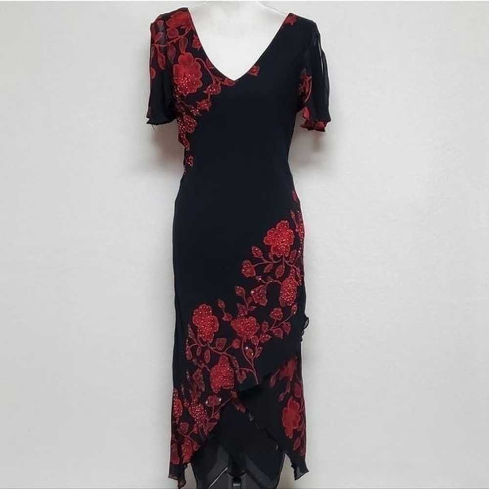 Vintage Black Chiffon Red Floral Beaded Flutter S… - image 4