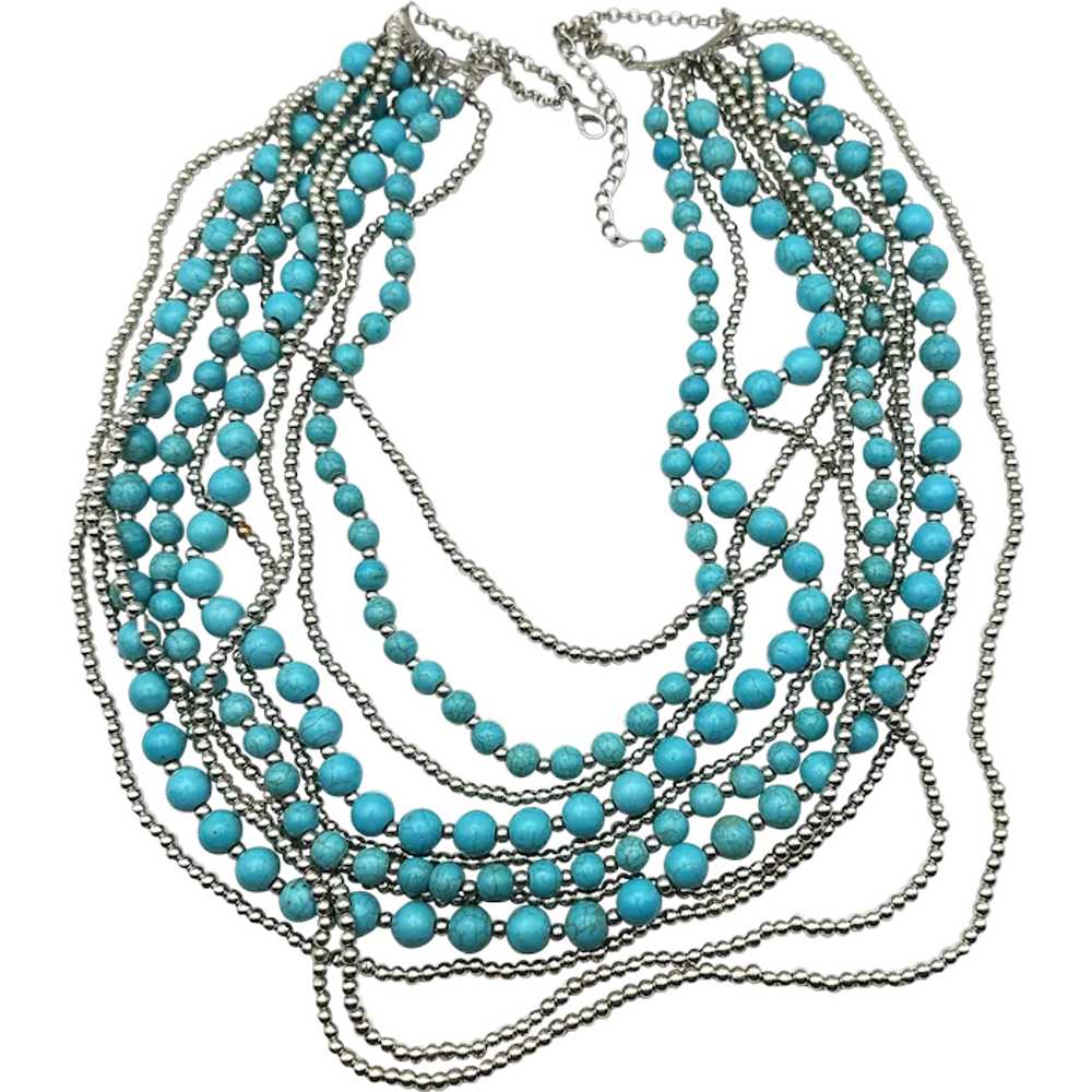 Multi Strand Faux Turquoise and Silvertone Beaded… - image 1