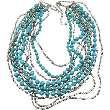 Multi Strand Faux Turquoise and Silvertone Beaded… - image 1