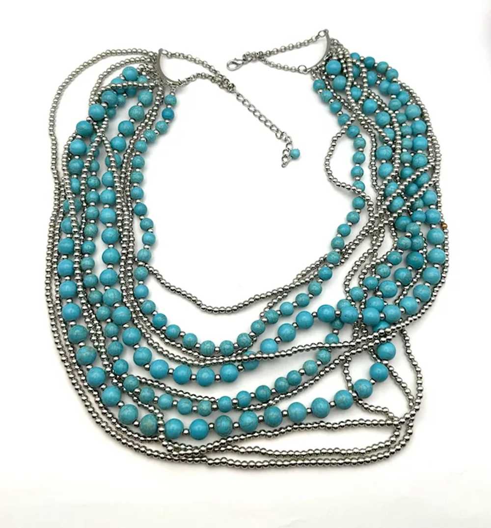 Multi Strand Faux Turquoise and Silvertone Beaded… - image 2