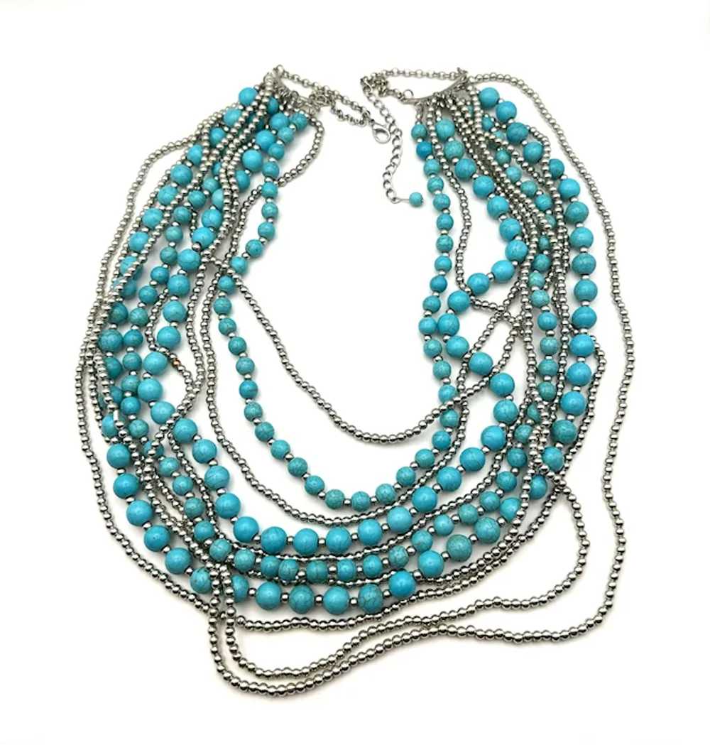 Multi Strand Faux Turquoise and Silvertone Beaded… - image 3