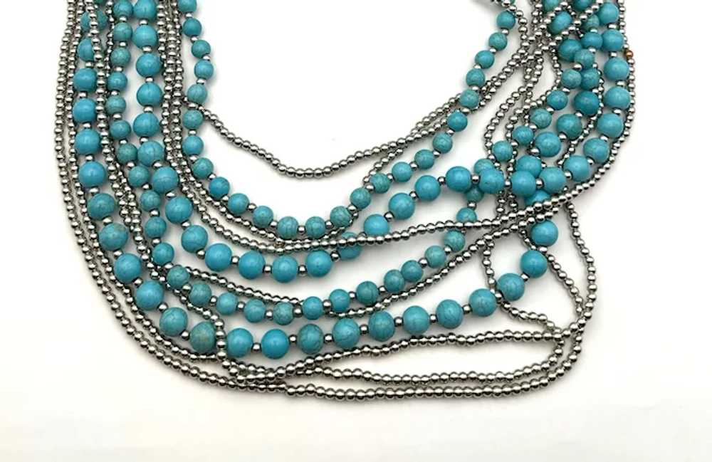 Multi Strand Faux Turquoise and Silvertone Beaded… - image 4