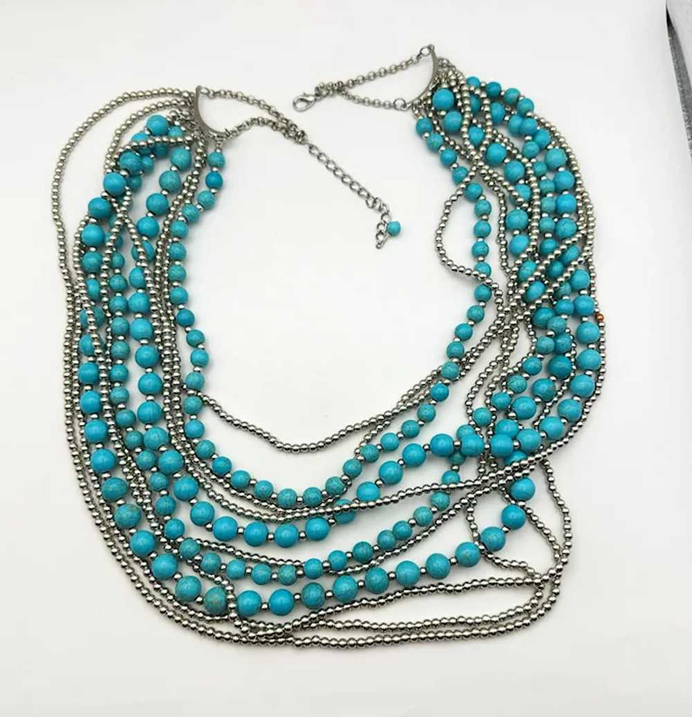 Multi Strand Faux Turquoise and Silvertone Beaded… - image 5