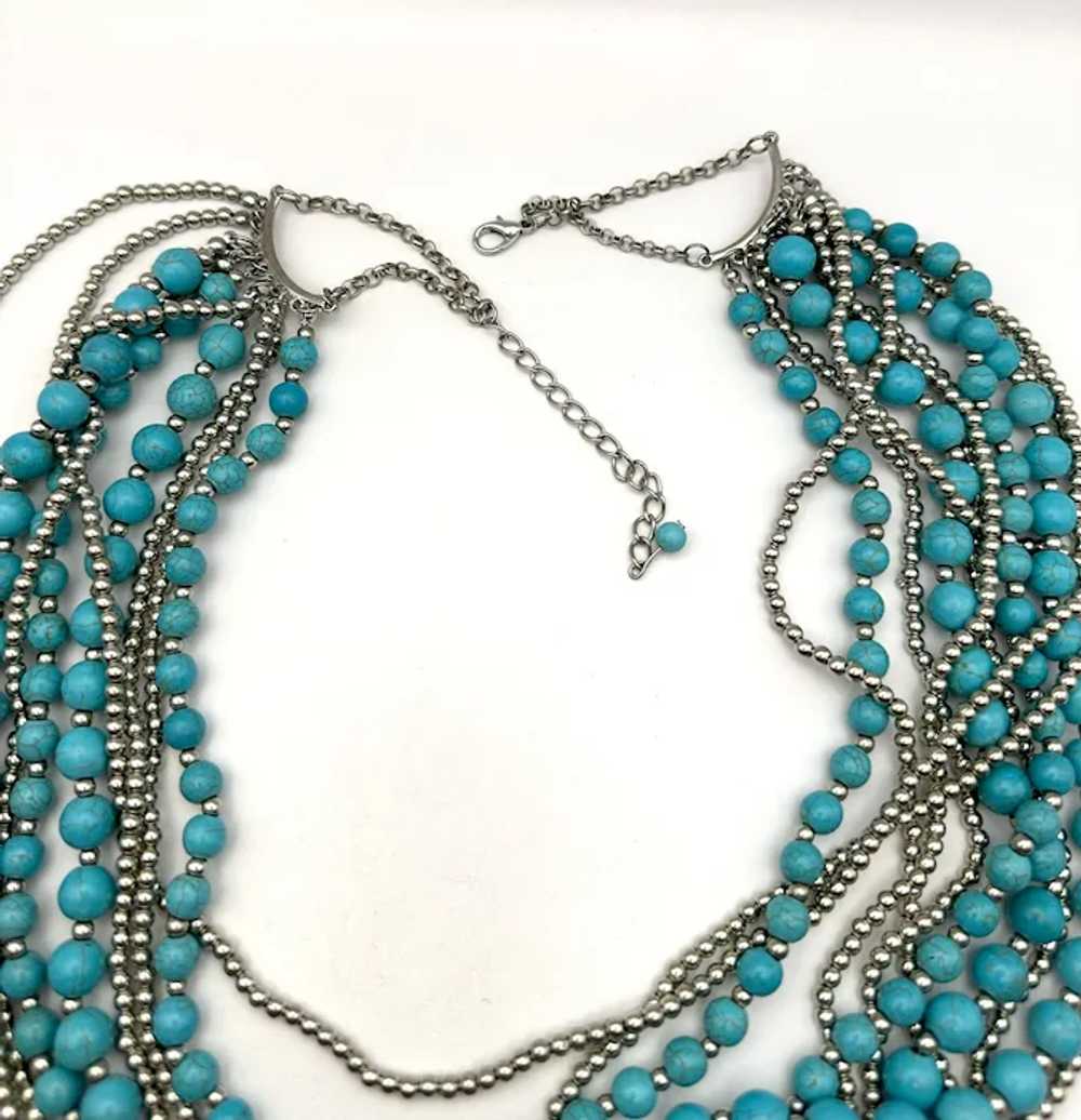 Multi Strand Faux Turquoise and Silvertone Beaded… - image 6