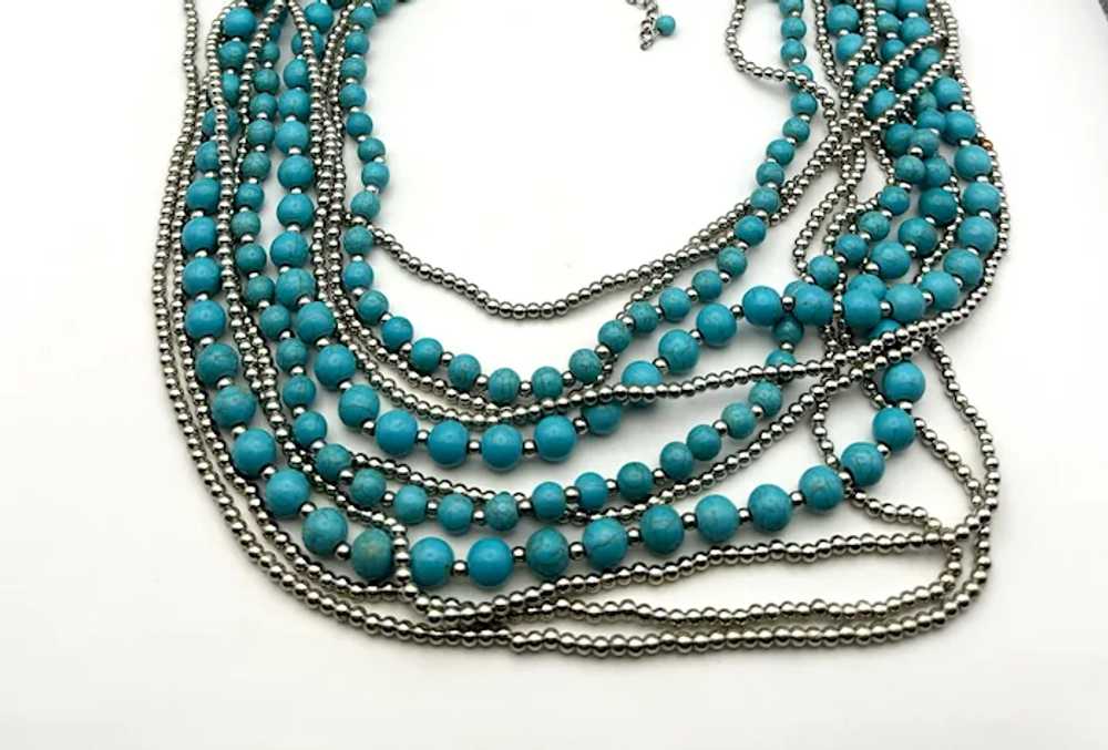 Multi Strand Faux Turquoise and Silvertone Beaded… - image 7