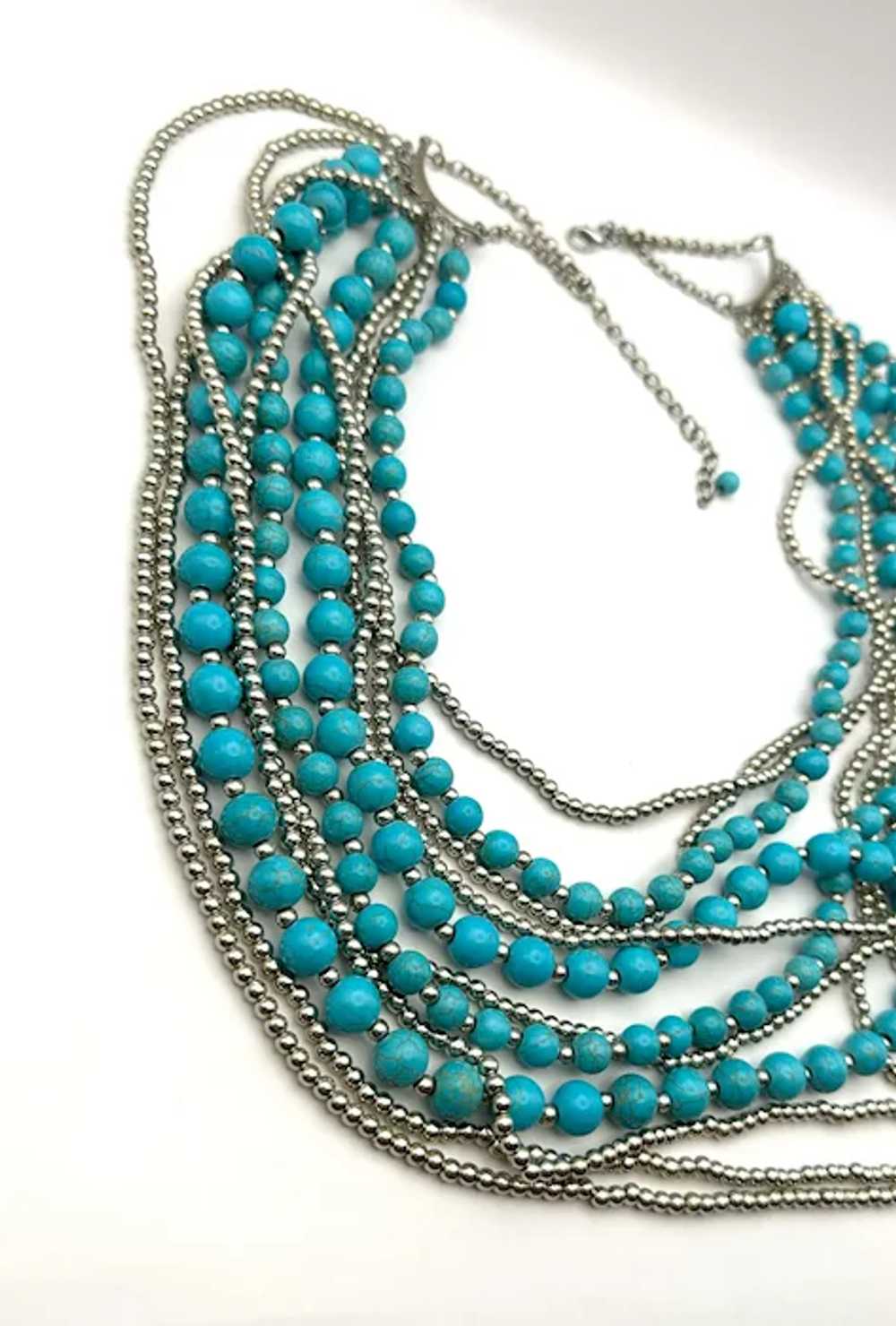 Multi Strand Faux Turquoise and Silvertone Beaded… - image 8